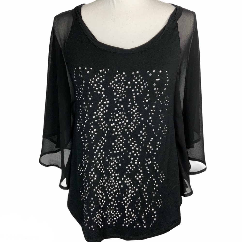 Cache Top XS Black Studded Rhinestone Sheer Party